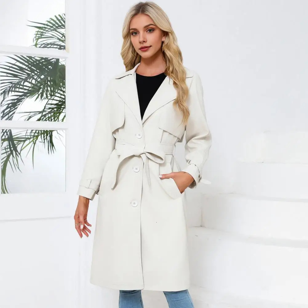 Belted Women Jacket Stylish Laceup Faux Leather Coat for Mid Length Windproof with Turndown Collar 241216