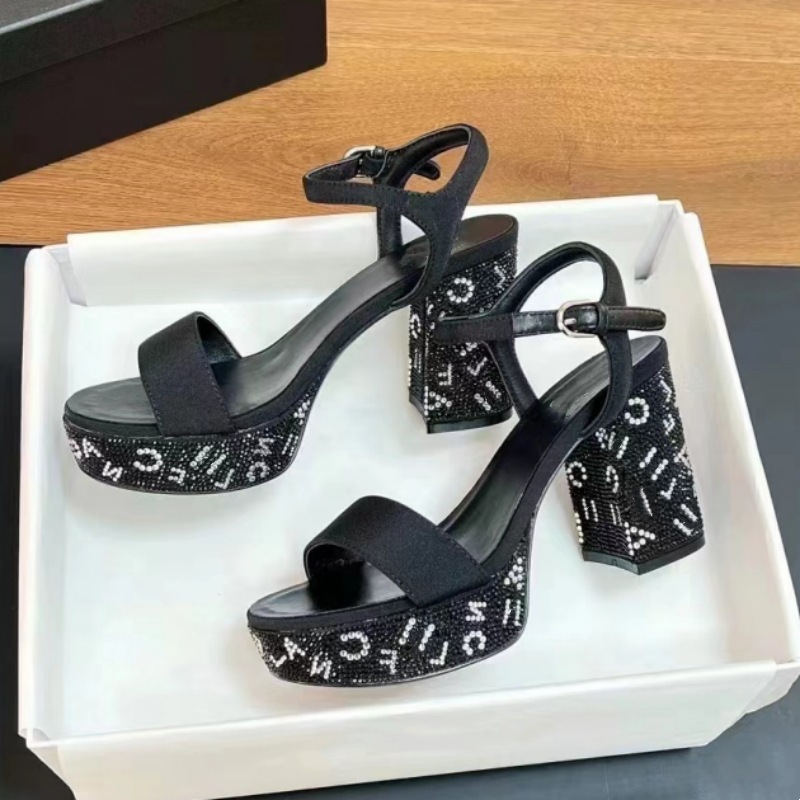 2024 New Open Toe Rhinestone Letter Thick Heel Straight Buckle Sexy High-Heeled Sandals With High Waterproof Platform