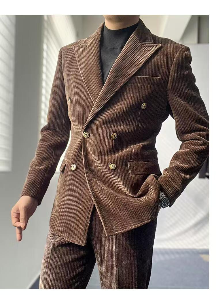 England Style Mens Corduroy Suits Double Breasted Tops Coat And Naples Pant Two-piece Set Vintage Business Casual Outfits