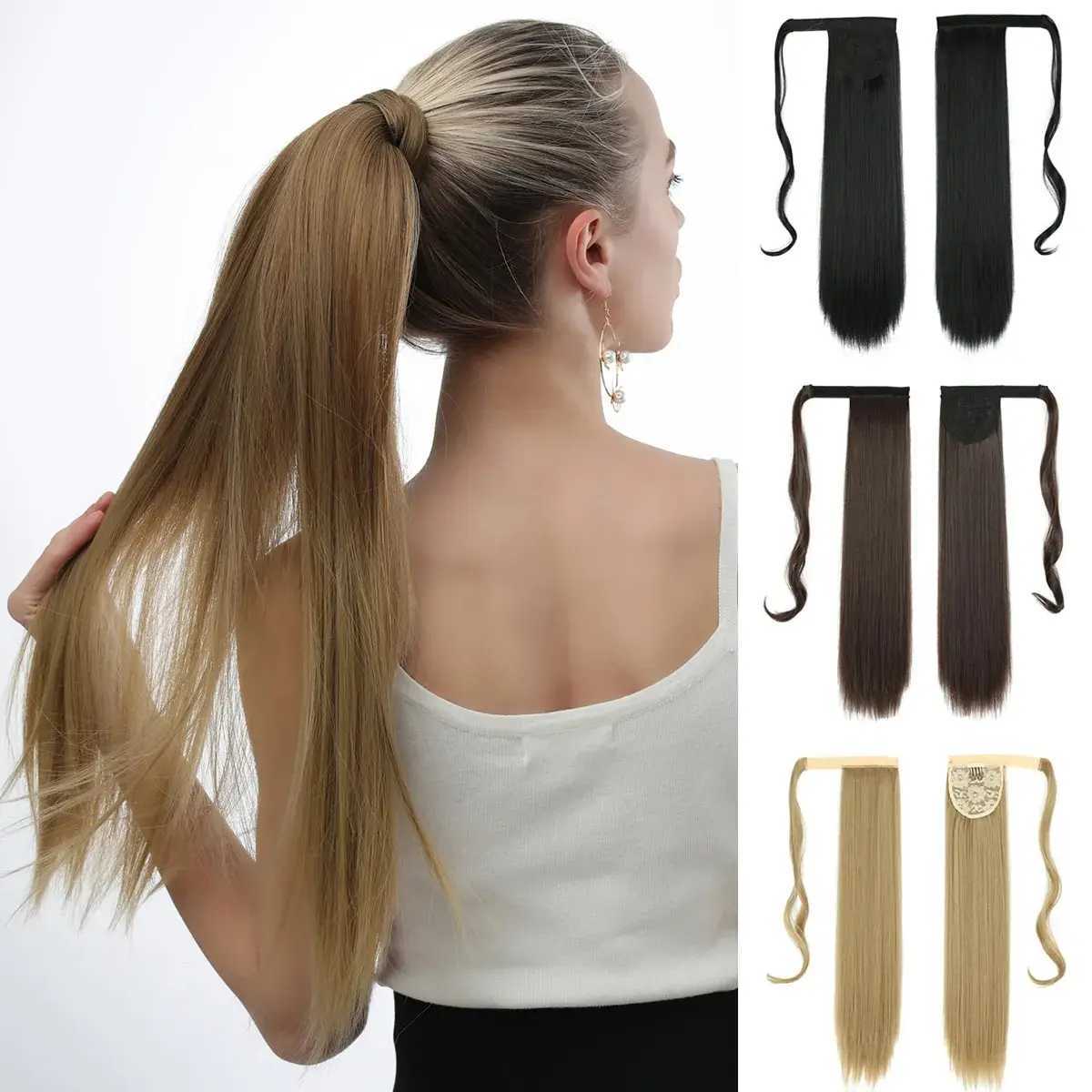 22Inch Straight Ponytail Hair Synthetic Extensions Heat Resistant Hair Wrap Around Pony Hairpiece for Women Daily UseXJ241221