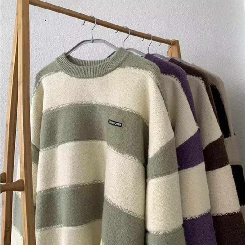Autumn Appliques Patchwork Striped Sweater Male Y2K Vintage Pullover Knit Jumpers Winter Loose Knitwear pull homme 241220