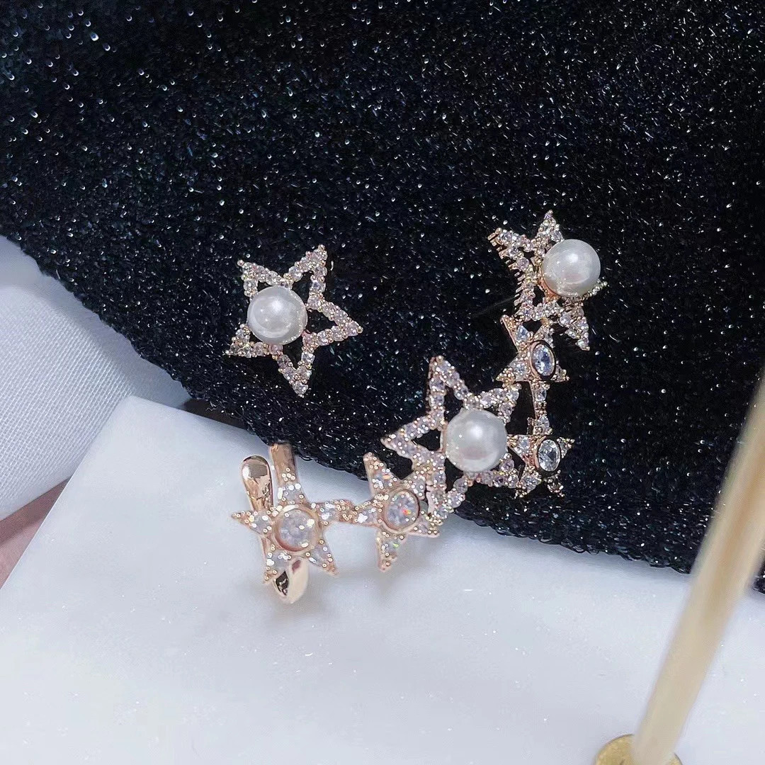 Fashion Ladys Pentagram Star Ear Sweep Wrap Cuff Earrings Bridal Jewelry Paved Cubic Zirconia Jewelry Climber Pearl Earrings 241220