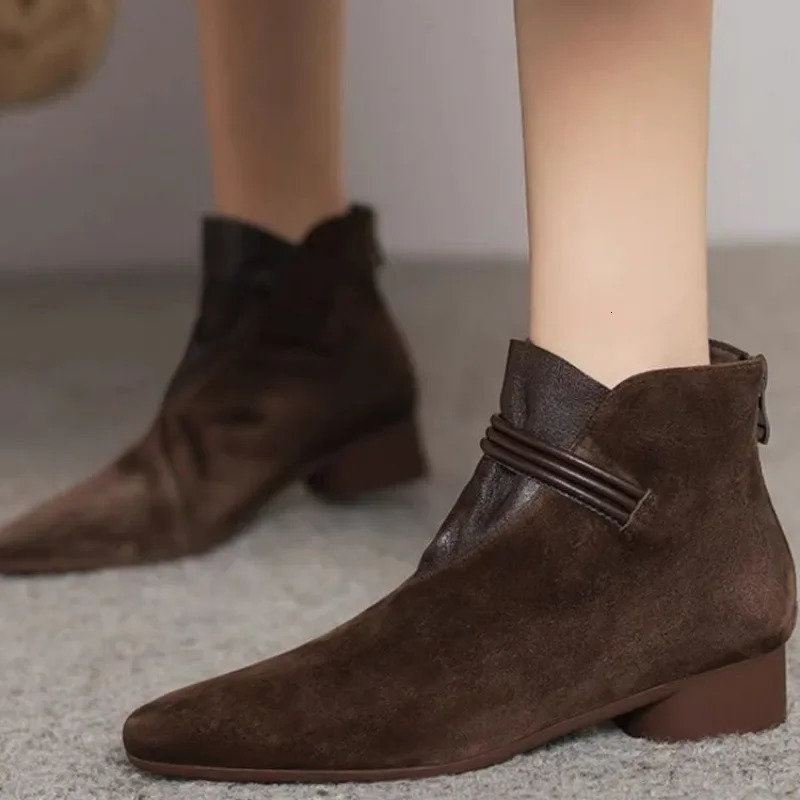 Shoes Female High Quality Ankle Womens Boots Elegant Modern Boots Women Sewing Pointed Toe Low Heel Back Zip Shoes Women 241220