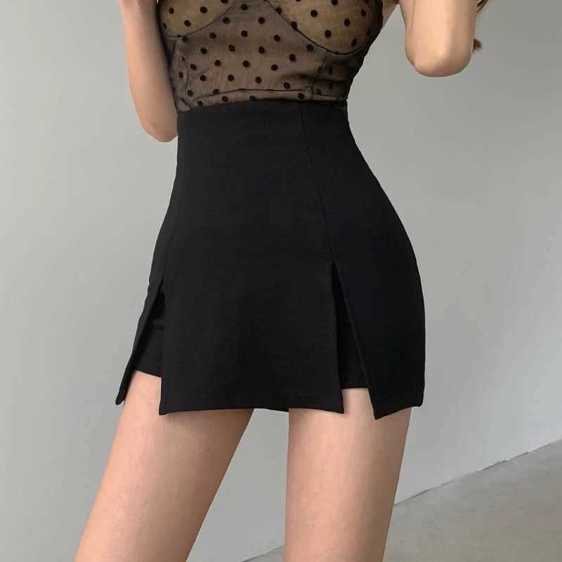 Women Sexy Irregular Short Skirt Black Split Korean High Waist Office Ladies Hip Wrap Skirt Fashion Solid A Line Mini Skirt NewXJ241221