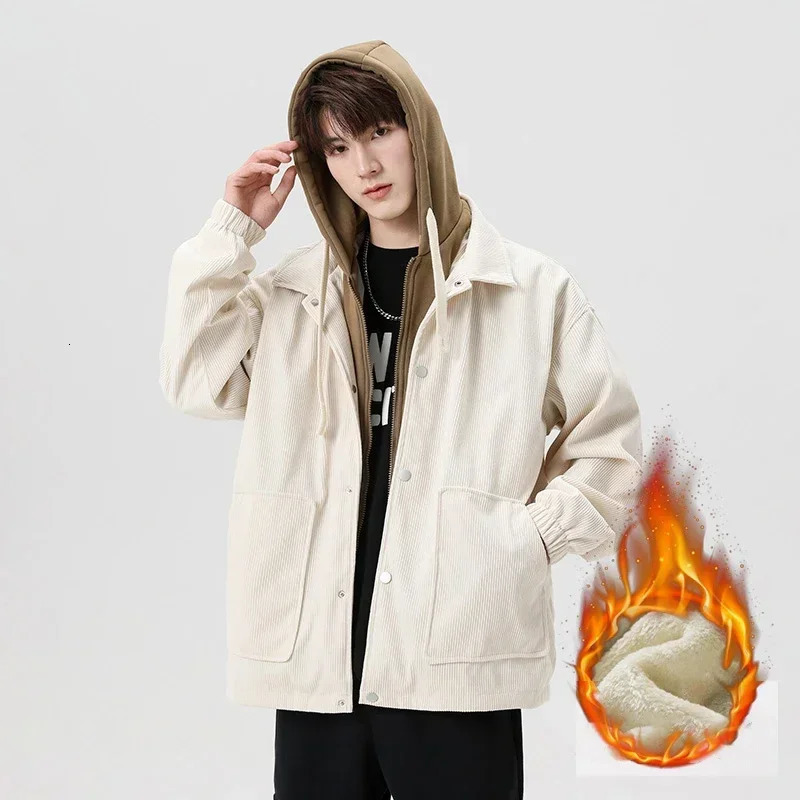 Padded Jacket Mens Winter Baseball Hoodie Cotton Jacket Men Hipster Workwear Street Hip Hop Top Fake Two Piece Casual 241216