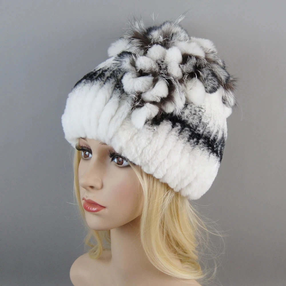 Women Fur Hat For Winter Handmade Natural Rex Rabbit Fox Fur Cap Russian Female Fur Headgear Warm Beanies Cap 241214