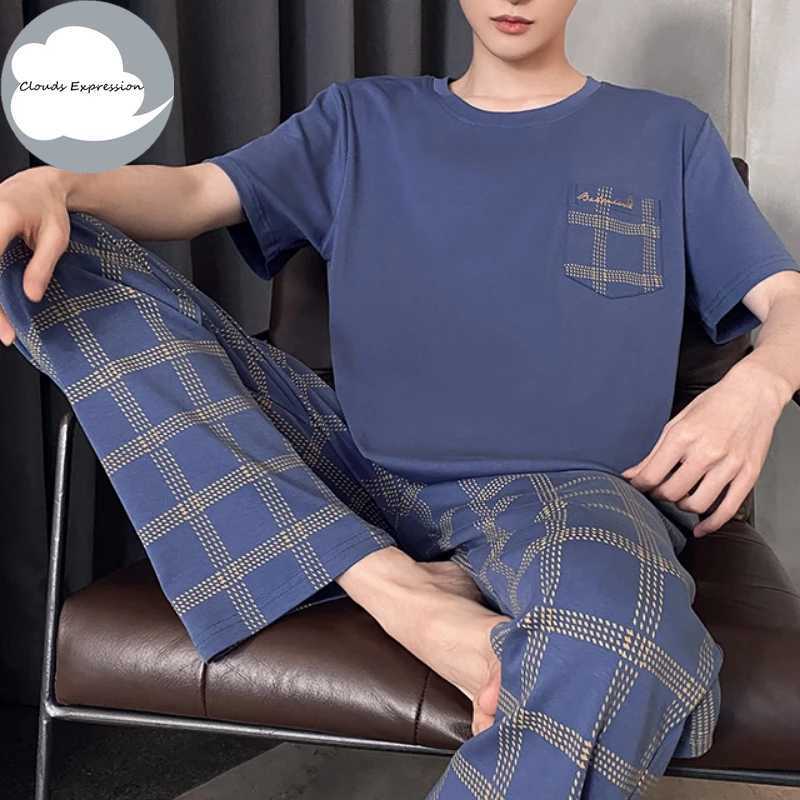 Summer Knitted Plaid Cool Mens Pajamas Casual Short Tops +Long Pants Sets Mens Sleepwear Nightwear Pijamas 4XL Homewea W250717