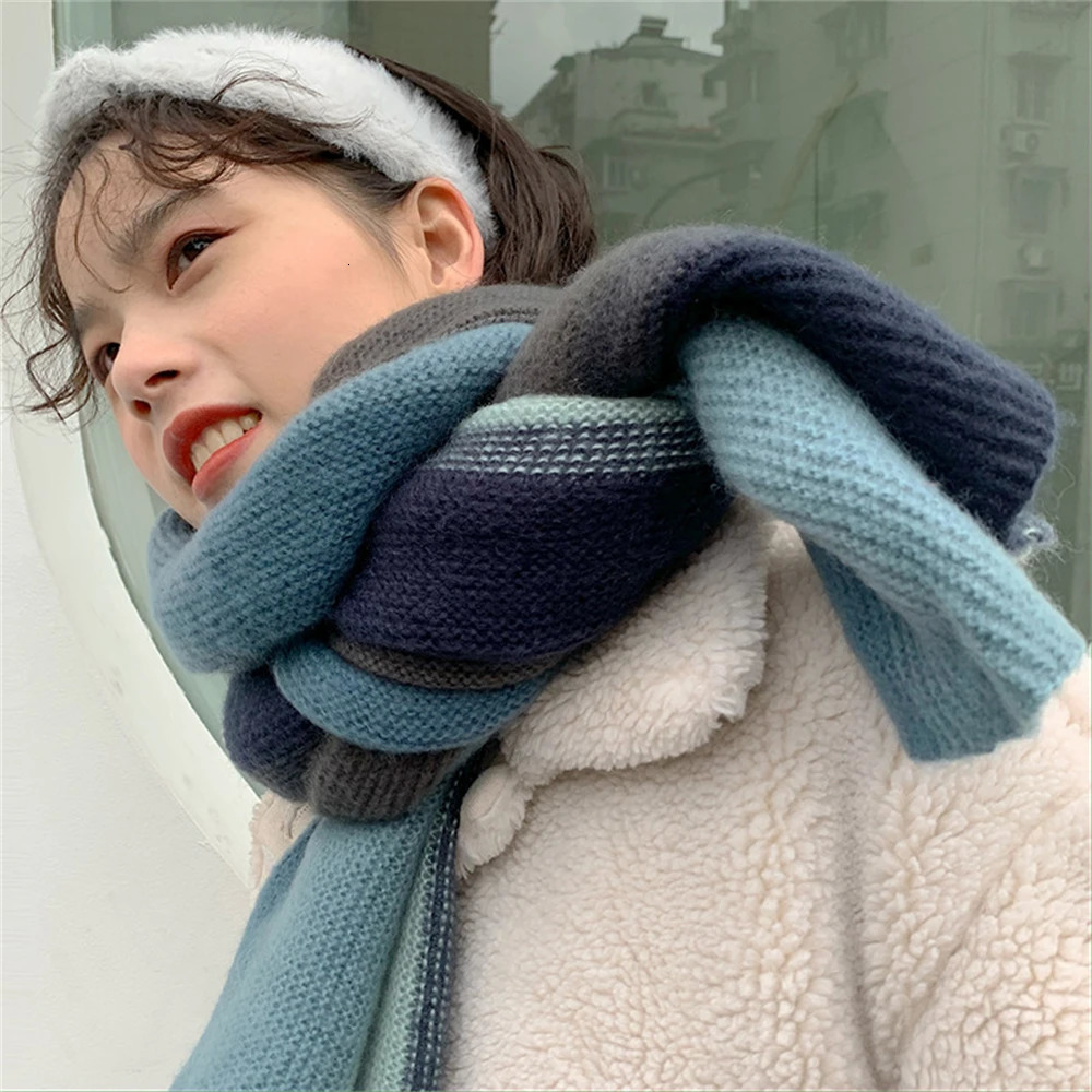 Rainbow Knit Scarf for Women Winter Thick Cashmere Stripe Shawl and Wrap Fashion Warm Streetwear Girls Foulard Wool Scarves 241220