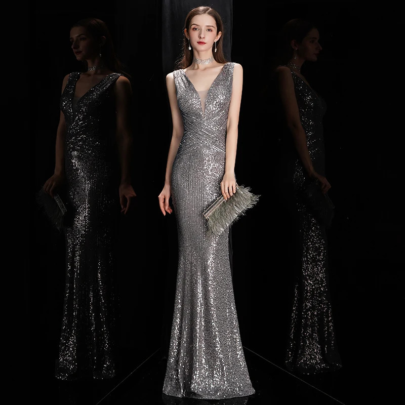 DEERVEADO Elegant V Neck Sequin Evening Dress Long Women Mermaid Formal Dress Party Gown Bodycon Maxi Prom Dress 241216
