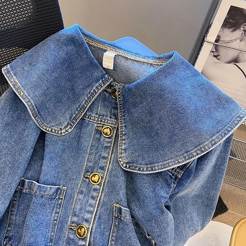 Peter Pan collar denim womens retro single chest sweet long sleeved spring autumn heart-shaped button beautiful style jacket 241219