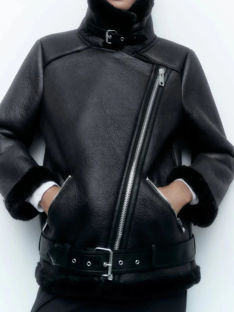 ZBZA Women Fall Winter Fur Integrated Thermal Jacket Coat Faux Leather Longsleeved Lapel Padded Warm Chic Female Outerwear 241216
