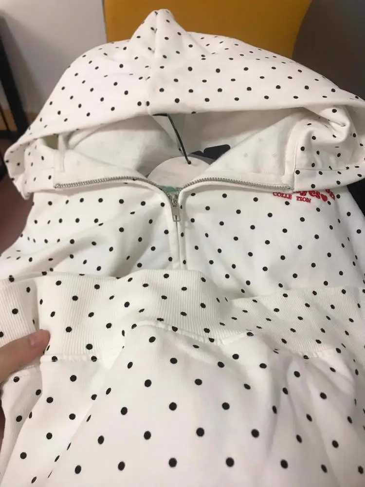 Vintage White Polka Dots Cotton Embroidered Long Slve Hooded Cardigan Zipper Sweatshirt Coat 2024 Autumn Women Oversized TopsC241221
