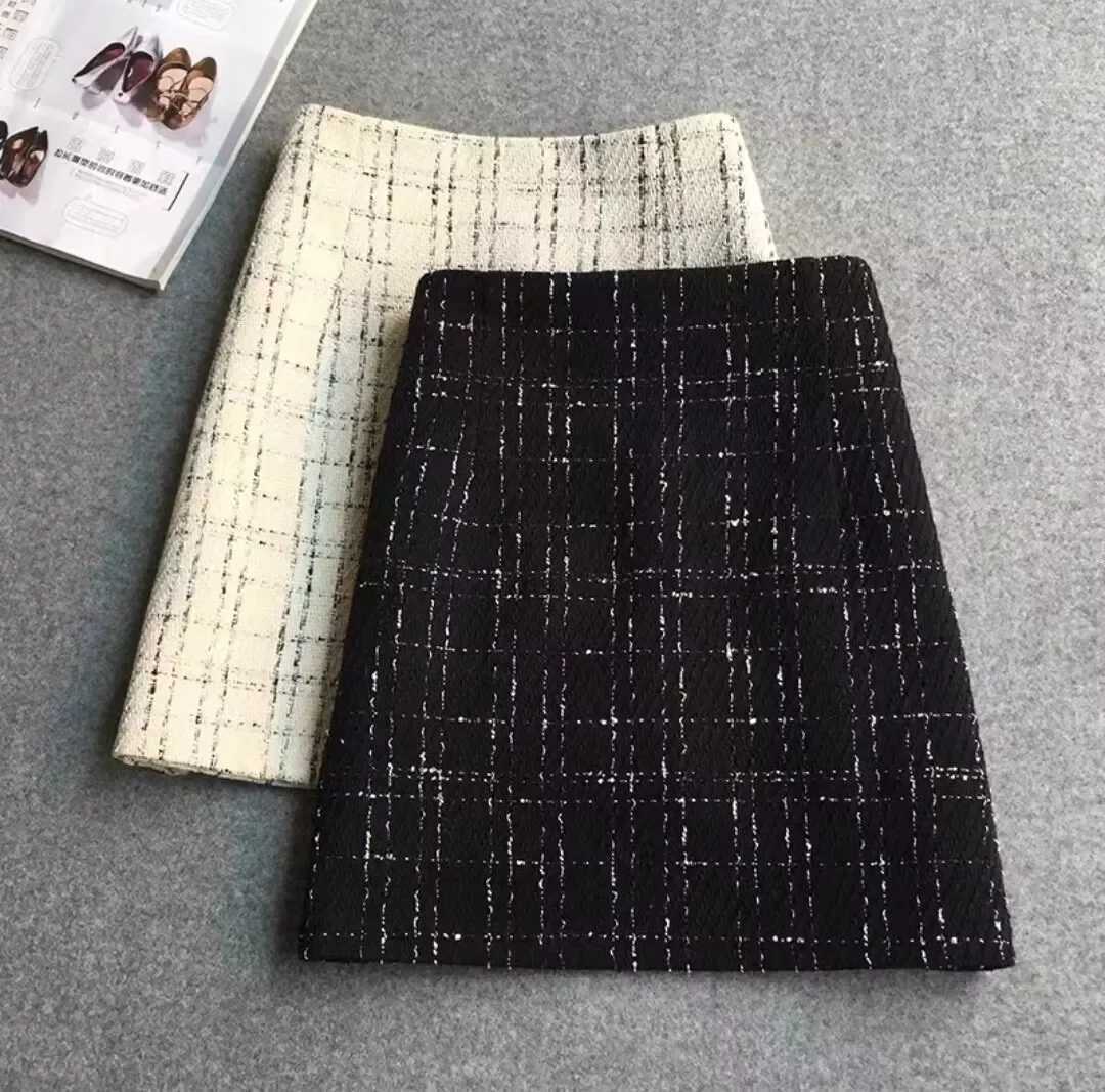 Glittery Tweed Skirt for Women High Waist with Gold Thread Pencil Mini Skirt Ladies Autumn WinterXJ241221