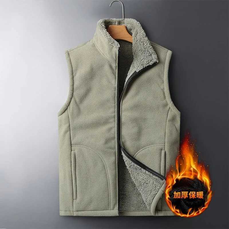 2024 Autumn and Winter New Fashion Solid Color Plus Fleece Thickened Thermal Vest Mens Casual Loose Comfortable Large Size CoatXJ241221