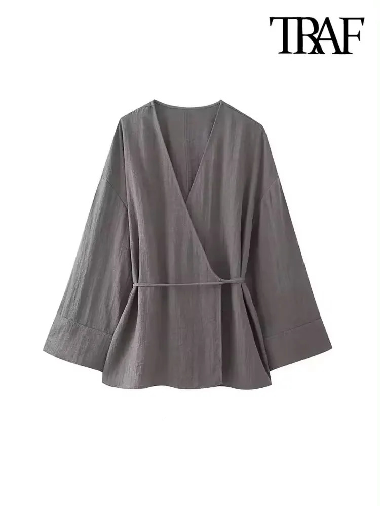 TRAFWomens Textured Crossover Kimono Blouses Side Ties Long Sleeves Loose Female Shirts Chic Tops Fashion 241218