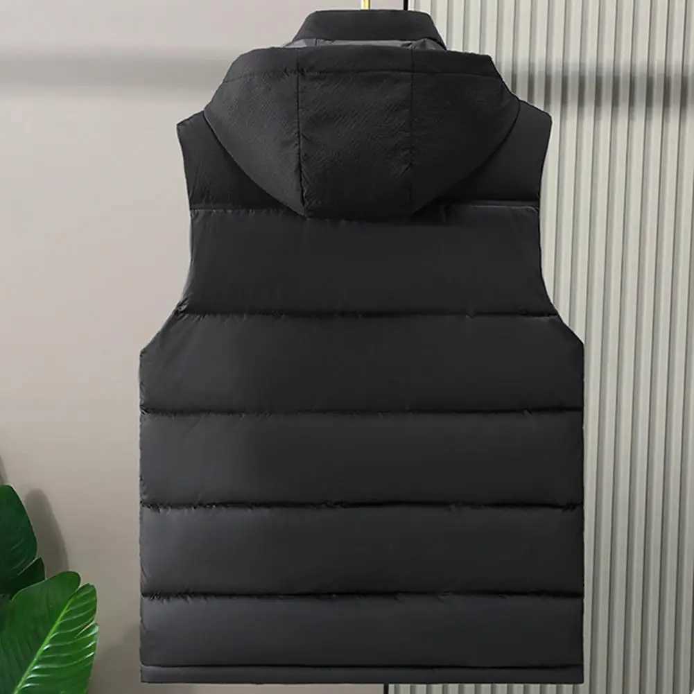 Autumn Winter Men Waistcoat Thick Padded Hooded Solid Color Sleeveless Cardigan Vest Windproof Pockets Drawstring Men Vest CoatXJ241221