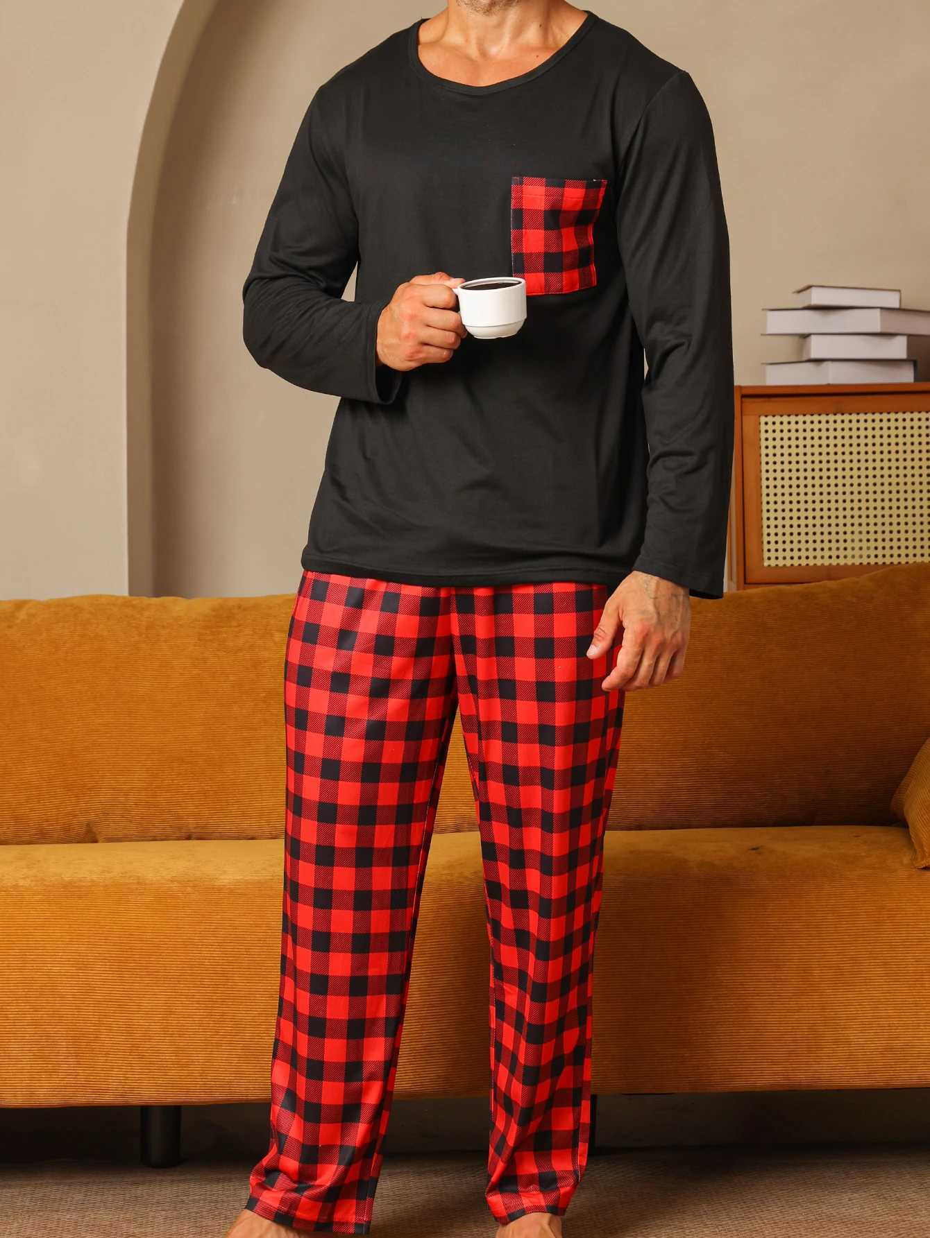 Two piece set of mens pajamas autumn and winter sleeping pants checkered pajamas set W241221