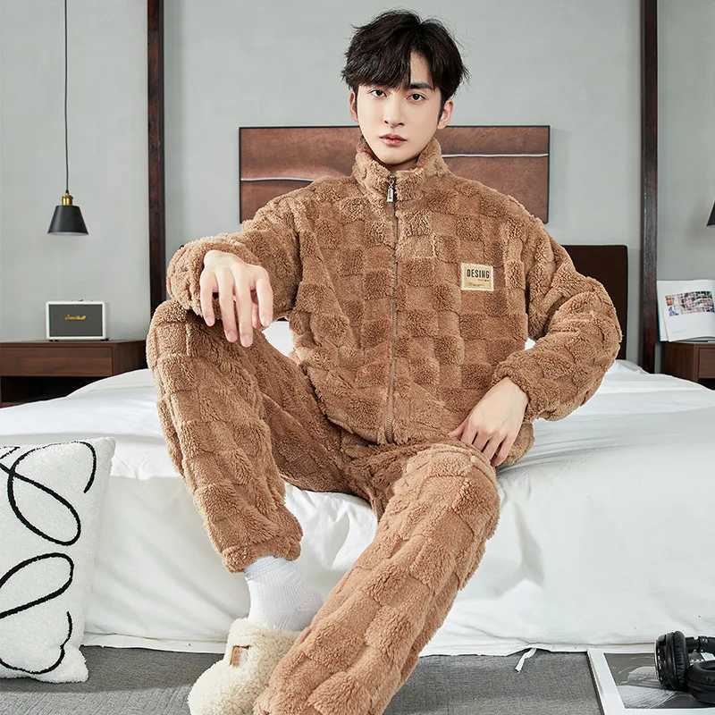 Autumn and winter long plush mens plain flannel sleepwear pants 2-piece home spun womens velvet thick sleepwear zipper Pj W241221