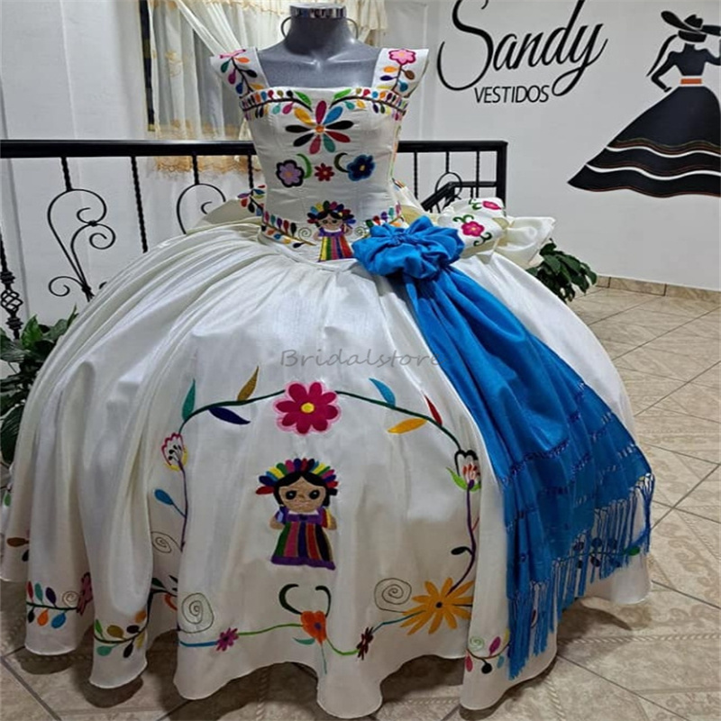 White Mexican Quinceanera Dress Charro Vestido 15 Xv Anos Sweet 16 Dress With Bow Embroidery Flower Birthday Vestio De Novia Vestidos De 15 Anos Xv De