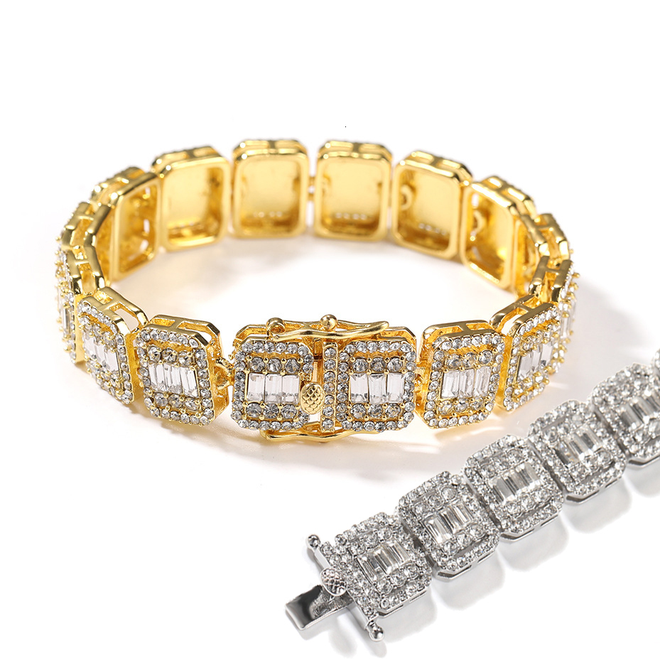 13mm New In 13MM Alloy Full Diamond Hip Hop Baguette Tennis Chain Bracelet For Men And Womens Fashion Trendy Wolf Tide Brand Handpiece Bijoux Pulsera 