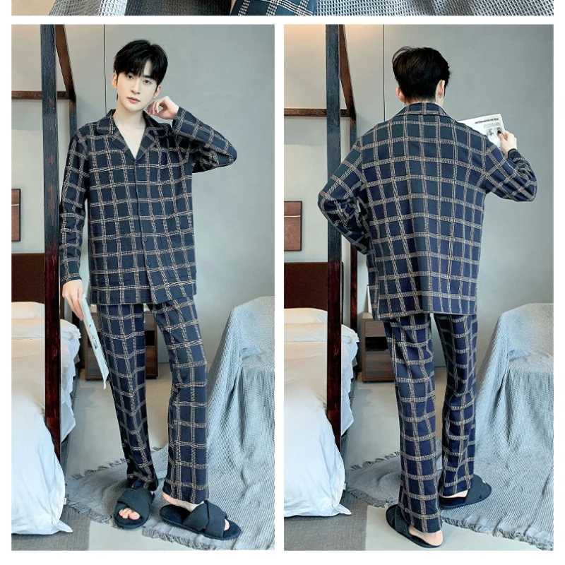 3XL Plus size mens sleepwear Korean spring cotton plain weave long sleeved home wear sleepwear 2-piece set soft open collar casual wear W241221