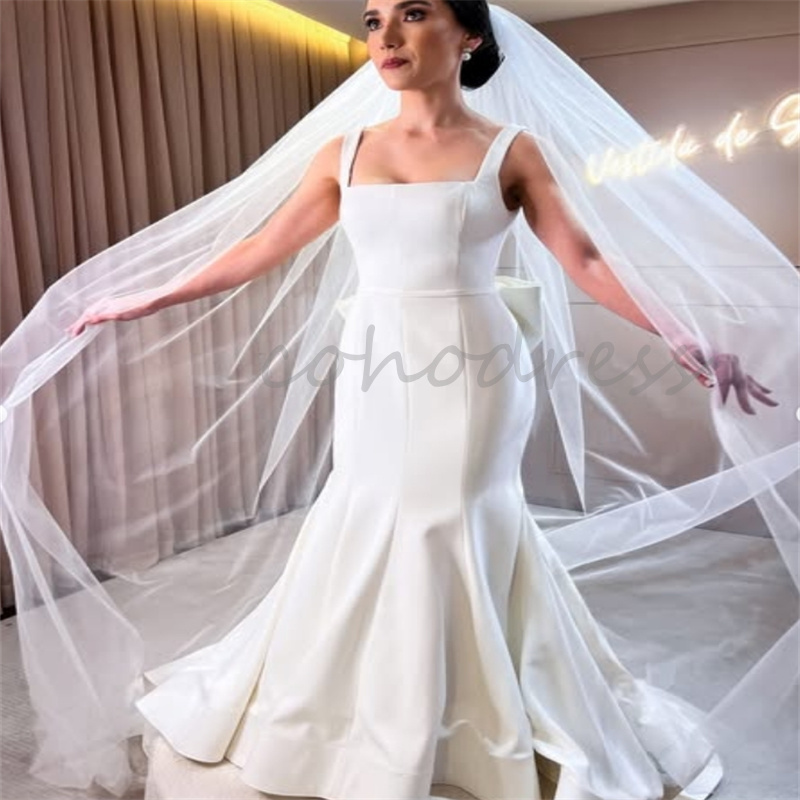 Minimalist Boho Wedding Dress Spaghetti Straps Square Satin Country Bridal Gowns Sexy Backless Bow Beach Bride Plus Size Gelinlik Vestio De Novia 2025