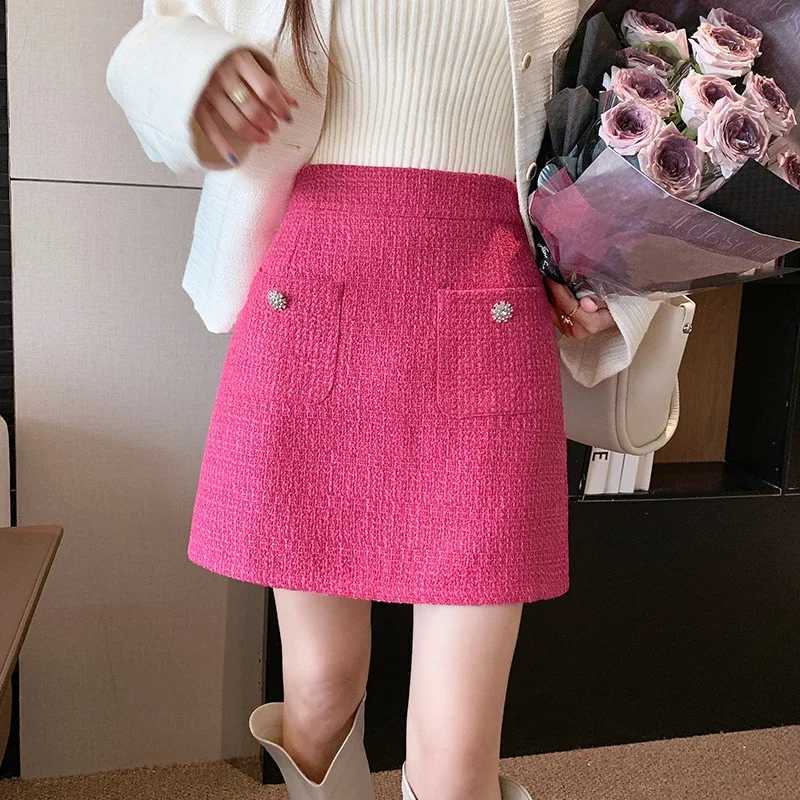 Korean Temperament Rose Red Tweed Short Skirt Fe Autumn High Waist Pockets A-line Woolen Mini Skirts WomenXJ241221
