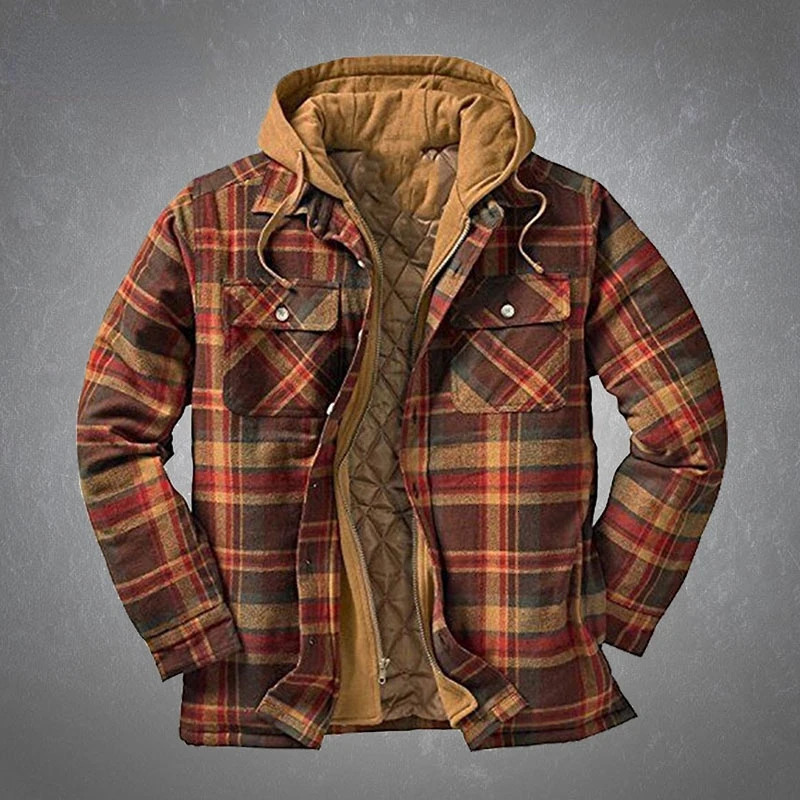Autumn and Winter Mens Plaid Jacket Thickened and Cotton Printed Hooded Jacket Mens Harajuku Casual Warm Fake Two-piece Jacket 241216