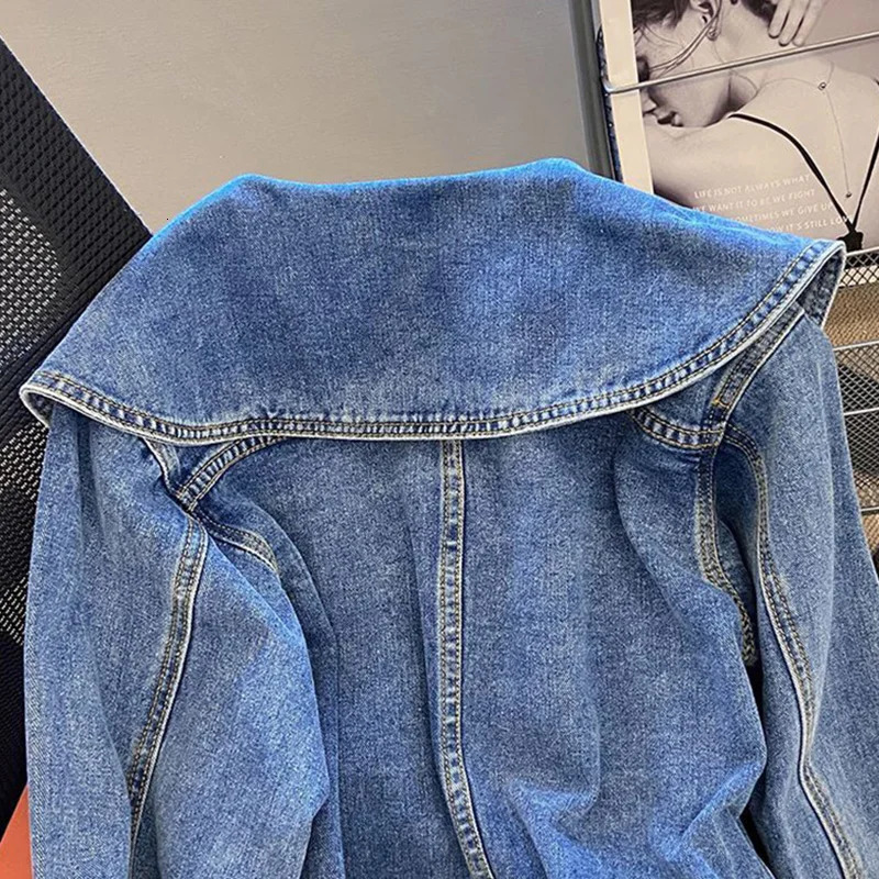 Peter Pan collar denim womens retro single chest sweet long sleeved spring autumn heart-shaped button beautiful style jacket 241219