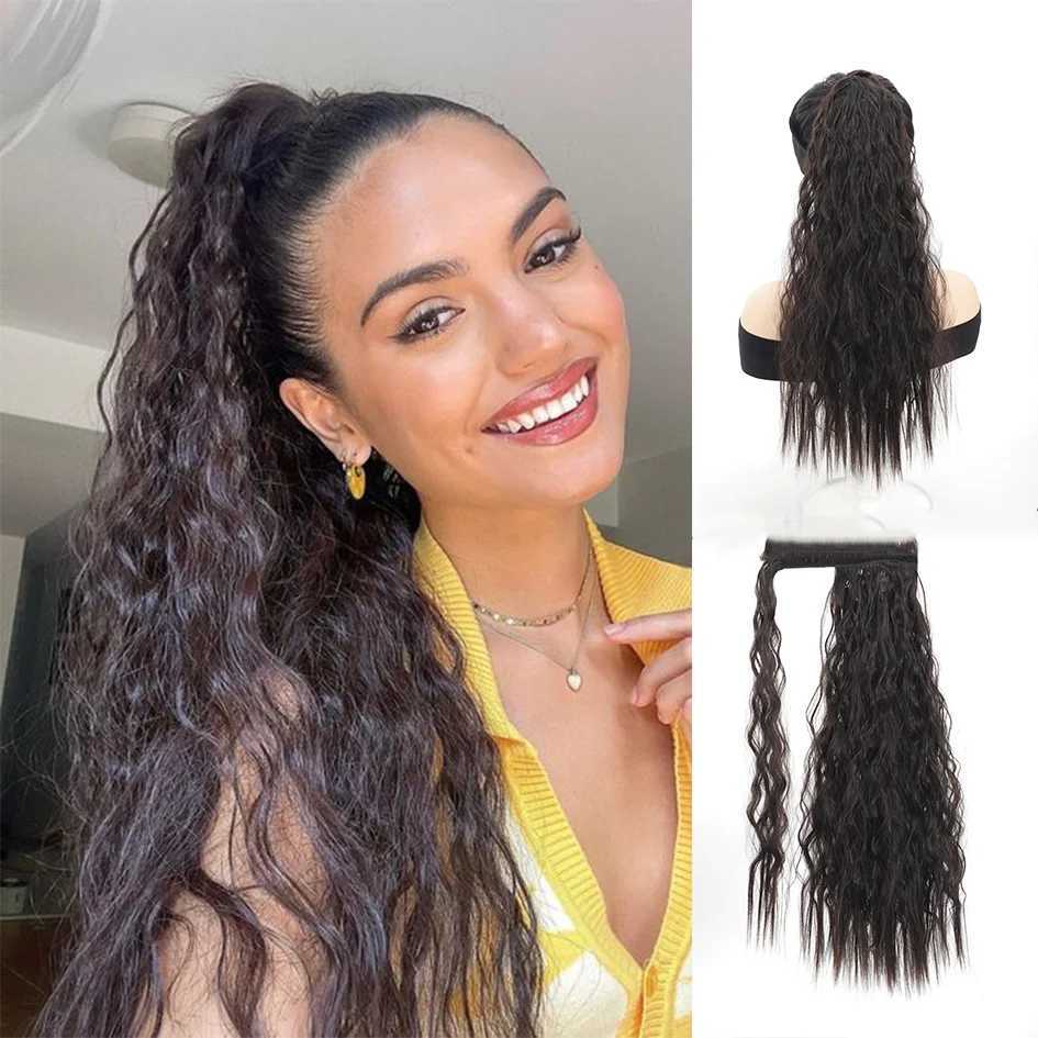 Allaosify synthetic high temperature silk 16 -30 corn beard ponytail long hair curly ponytailXJ241221