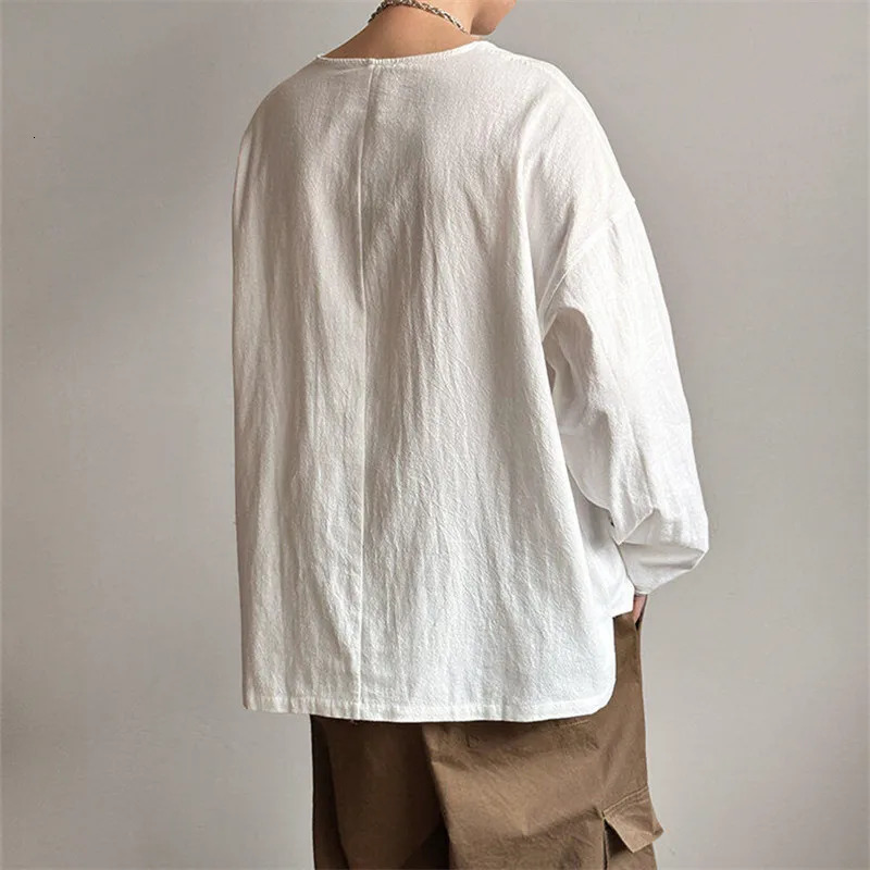 Spring Autumn Round Neck Loose TShirt Men Cotton Linen Long Sleeve Casual Male Tshirt Comfortable Breathable Hip Hop Tees Tops 241217