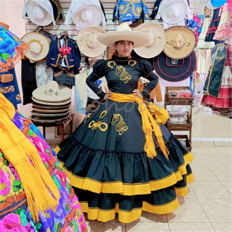 Mexican Black Quinceanera Dress Charro Embroidery Horse Long Sleeve Birthday Party Sweet 16 Vestidos De 15 Anos Xv Debutante Halloween Cosplay Costume