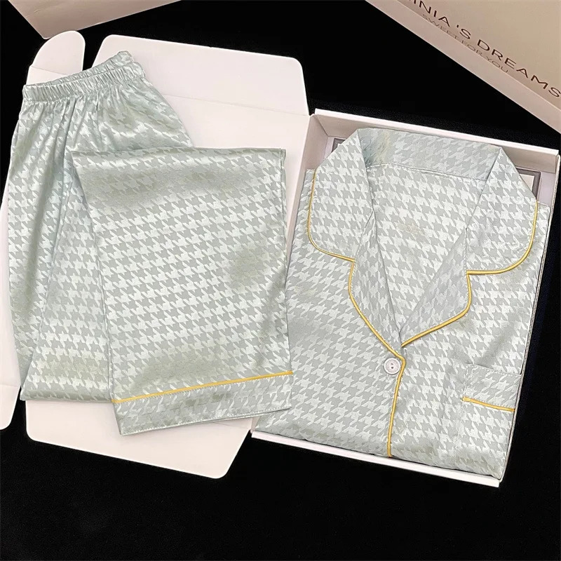 Ice Silk Pajamas Womens Spring Autumn Ins Wind Long-sleeved Sweet Thousand Birds Plaid Loungewear Set Real S Satin Pjs 241217