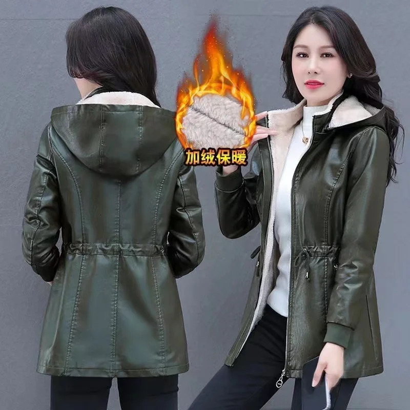 Autumn Winter Jackets Plus Velvet Womens Leather Coat Black Green Hooded Fashion Outwear Zipper Thick Warm Short Jacket 241216