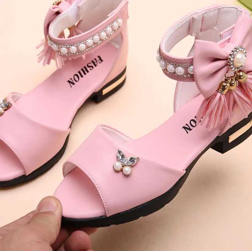 Sneakers Childrens Bow Sandals Childrens Girls Summer Cute Sandals Beach Sandals 2024 Princess Fashion High Heels Tassel School Shoes H241221