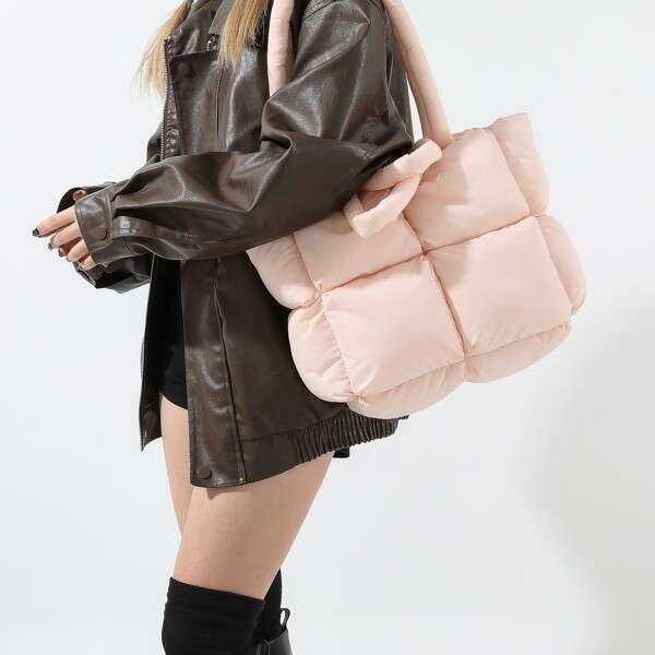 Down jacket, handbag, 2024 new style, women's grid filled cotton shoulder bag, fashionable and simple tote bag
