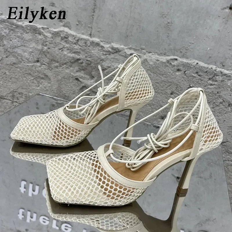 Eilyken Sexy Mesh Pumps Sandals Female Square Toe High Heel Lace Up CrossTied Stiletto Hollow Dress Shoes Zapatos Mujer 240605
