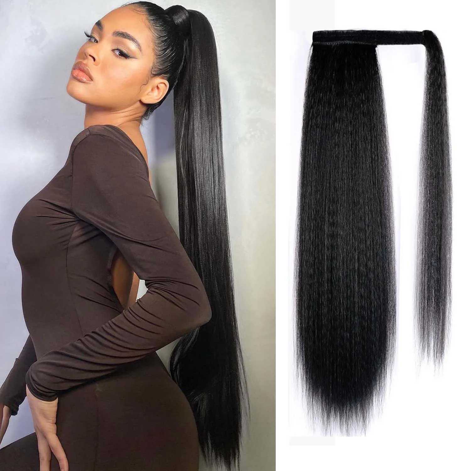 Synthetic Black Long Ponytail Extensions Wrap Around Yaki Straight Ponytail Soft Clip in Hair Extension Heat Resistant HairpieceXJ241221