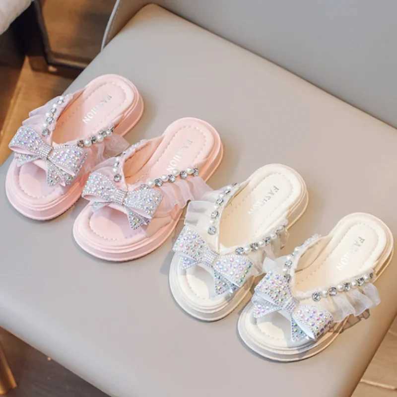Slipper Summer Kids Slippers for Girls Fashion Rhinestone Bow Beach Shoes Soft Sole Anti Slip Crystal Princess Shoes Casual Sandals H241217