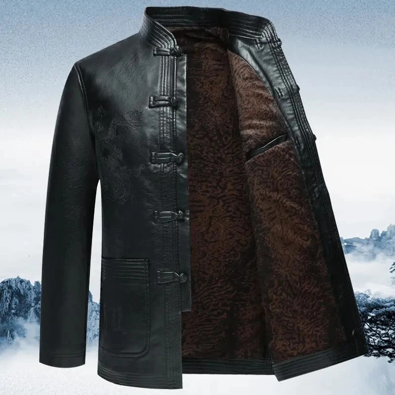 PU Leather Jacket Tang Suit Men Plus Velvet Thick Loose Cotton Coat Winter Stand Collar Casual Disc Buckle Outerwear 241216
