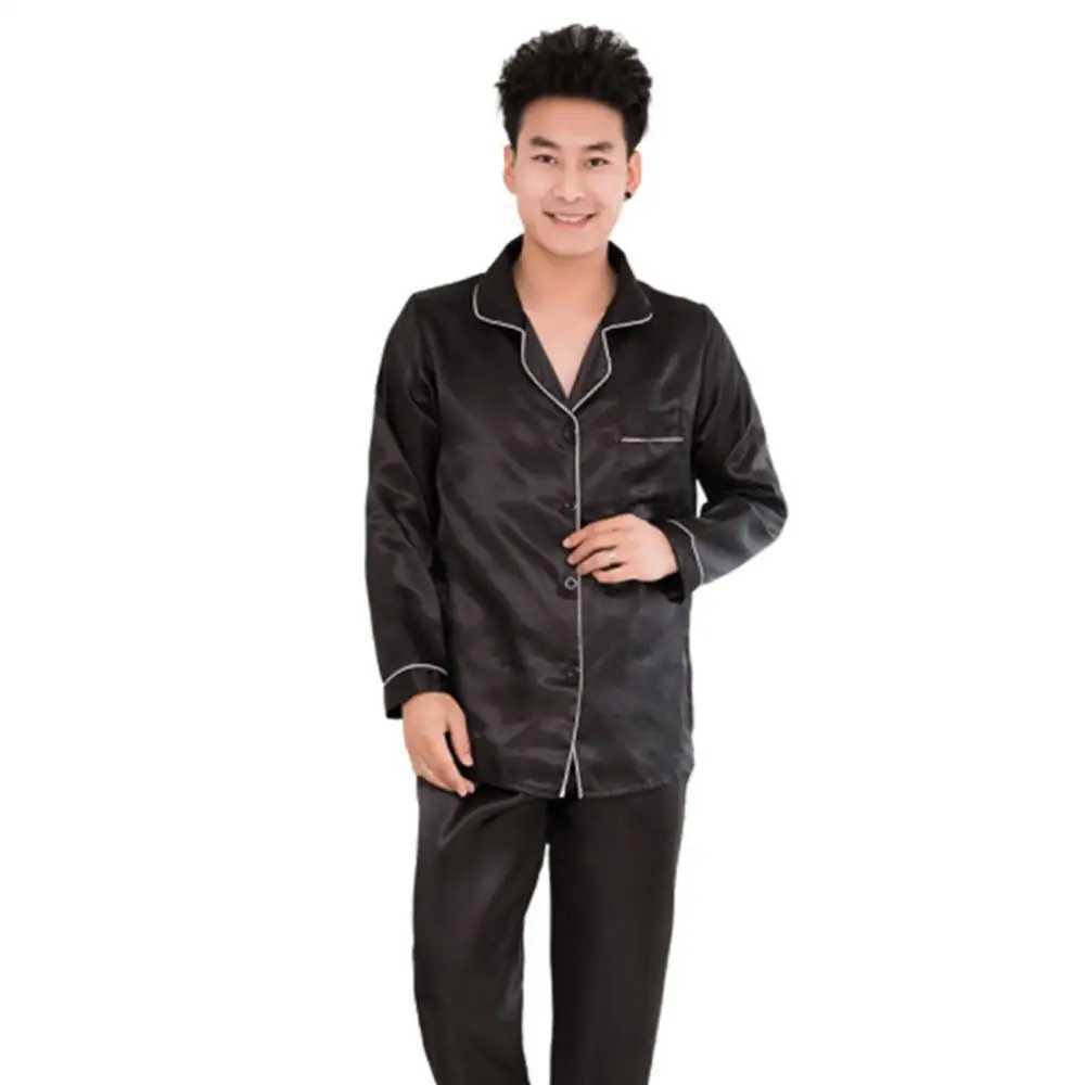 Silk satin mens sleepwear set fashionable sleepwear for couples solid color long sleeved set W241221