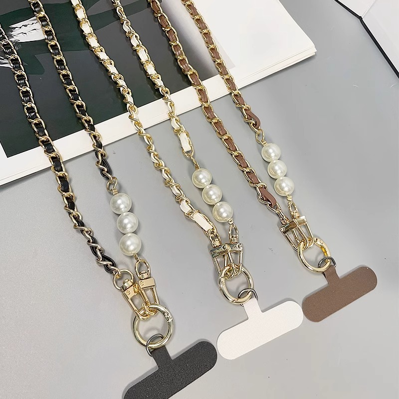 For Mobile Phone Straps Pearl Leather Chain Long Crossbody Neck Band Shoulder Cord Anti Loss Rope Hang Metal Leather Pendant