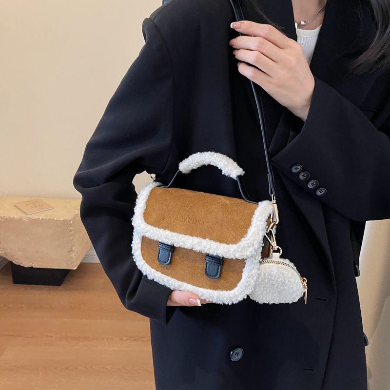 Winter New Women s Plush Small Square Color Comparison Designer Single Shoulder Crossbody Bag Brown Handbag bag