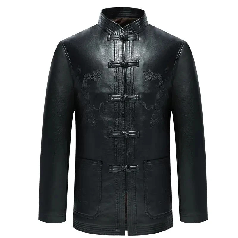 PU Leather Jacket Tang Suit Men Plus Velvet Thick Loose Cotton Coat Winter Stand Collar Casual Disc Buckle Outerwear 241216