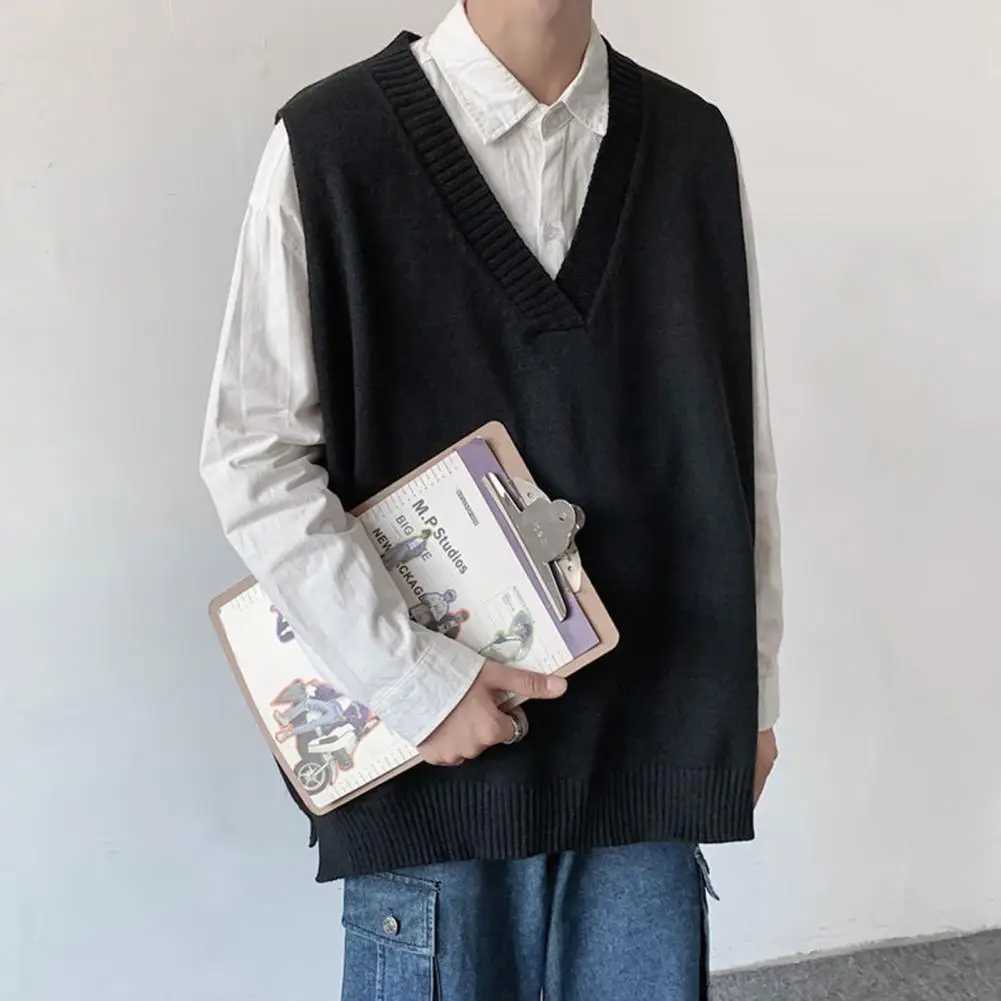 Knitting Trendy Oversized Winter Sweater Vest Preppy Style Men Autumn Sweater Sleeveless for Daily WearXJ241221