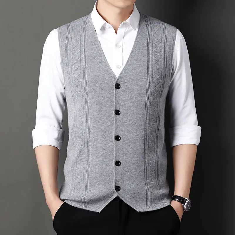 Fashion High-end Smart Casual Pure Wool Sweater Knitted Tank Mens Solid V-neck Button Patchwork Screw Thread Sleeveless VestXJ241221