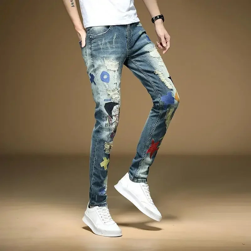 Male Cowboy Pants Torn Star Trousers with Holes Jeans for Men Broken y Ripped Cropped Korean Fashion Washed Casual Soft 241218
