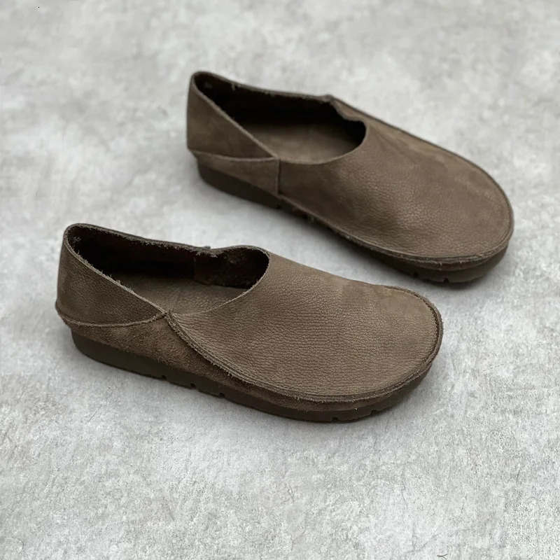Johnature Retro Womens Genuine Leather Shallow Flat Shoes 2024 Handmade Soft Bottom Casual Round Sole Solid Color Loafers 241213