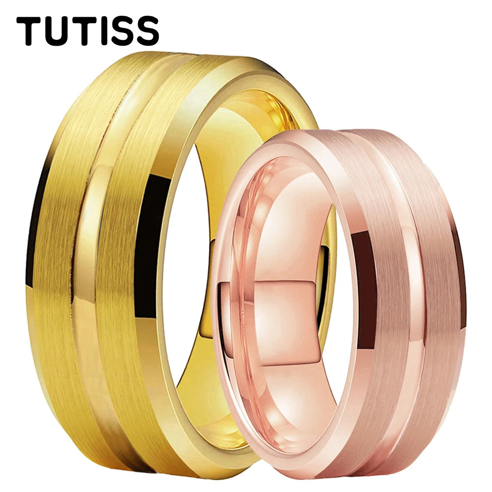 TUTISS 8mm Artificial gold Rose Color Tungsten Carbide Ring Men Women Wedding Band Center Groove Brushed Beveled Edges 241220