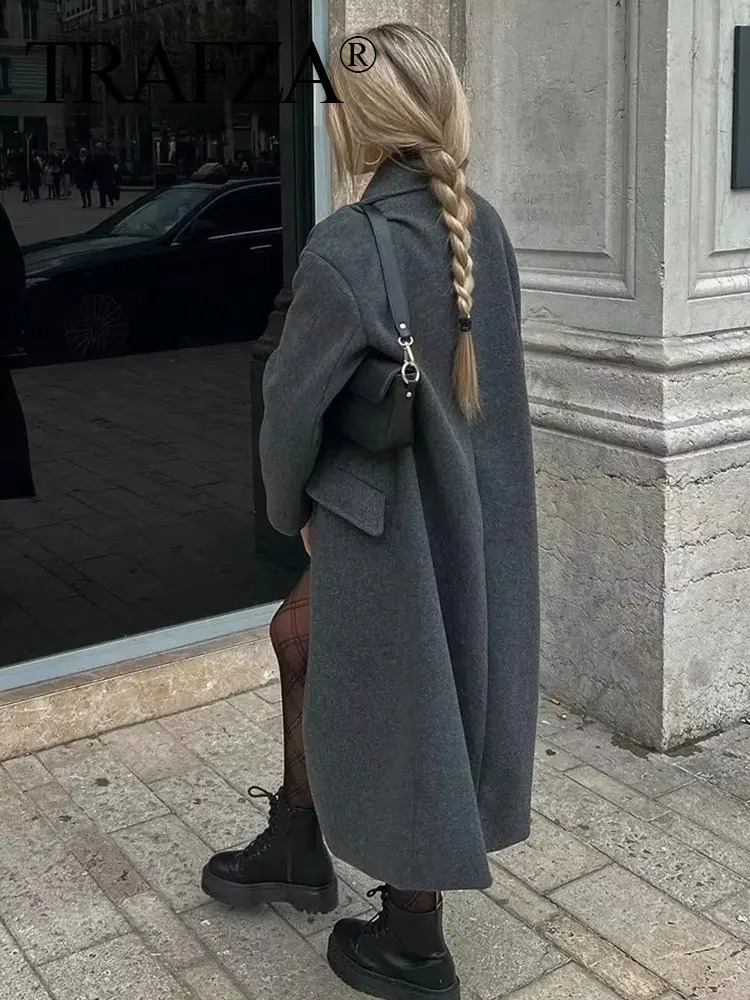 TRAFZA Winter Coat For Women Solid Lapel Double Breasted Long Cardigan Top Female Pokcet Streetwear Woman In OuterCoat 241216
